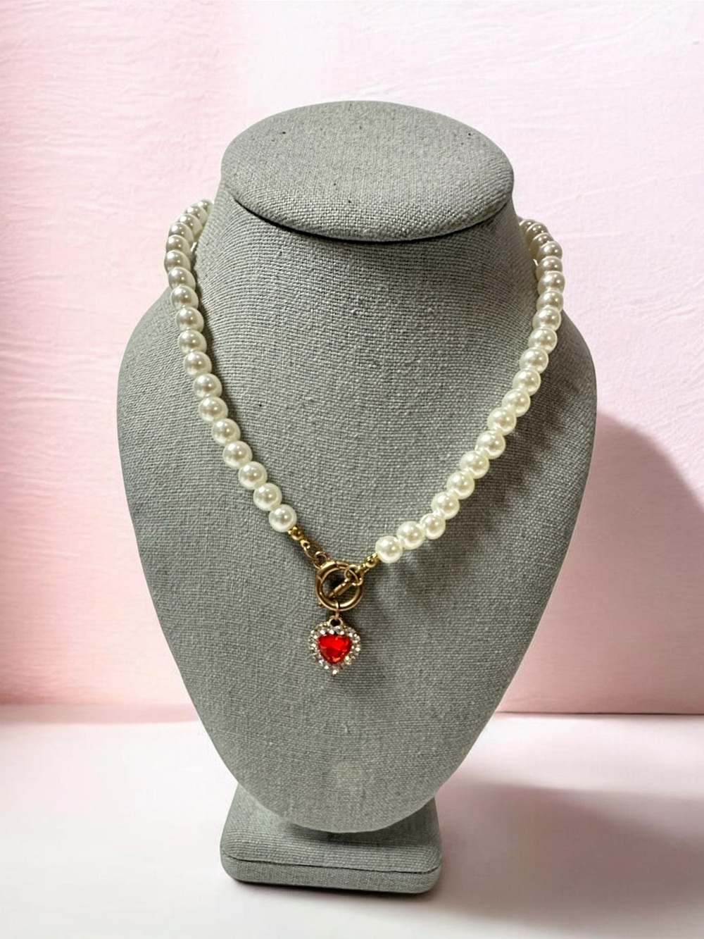 Gold-Tone Pearl Necklace with Red Heart Charm